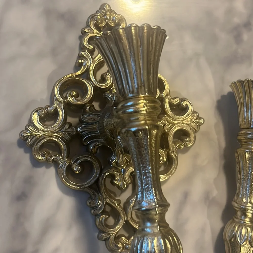 Vintage Gold Tone Ornate metal Hollywood Regency wall Hanging pair candlestick